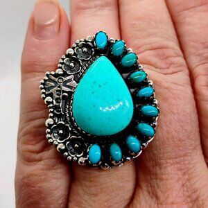 Sterling Silver Flower Dragonfly Ring Teardrop Shaped Petit Point Cluster Sz 6.5